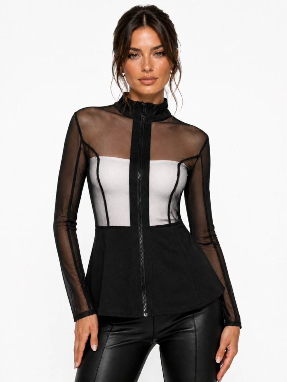Revamped Size Small Black Mesh Zip Front Sheer Long Sleeves Flared Peplum Waist